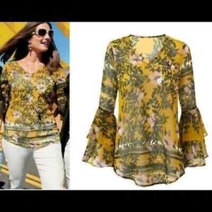 CAbi Style Spring Scene Yellow Floral Blouse | Size Small